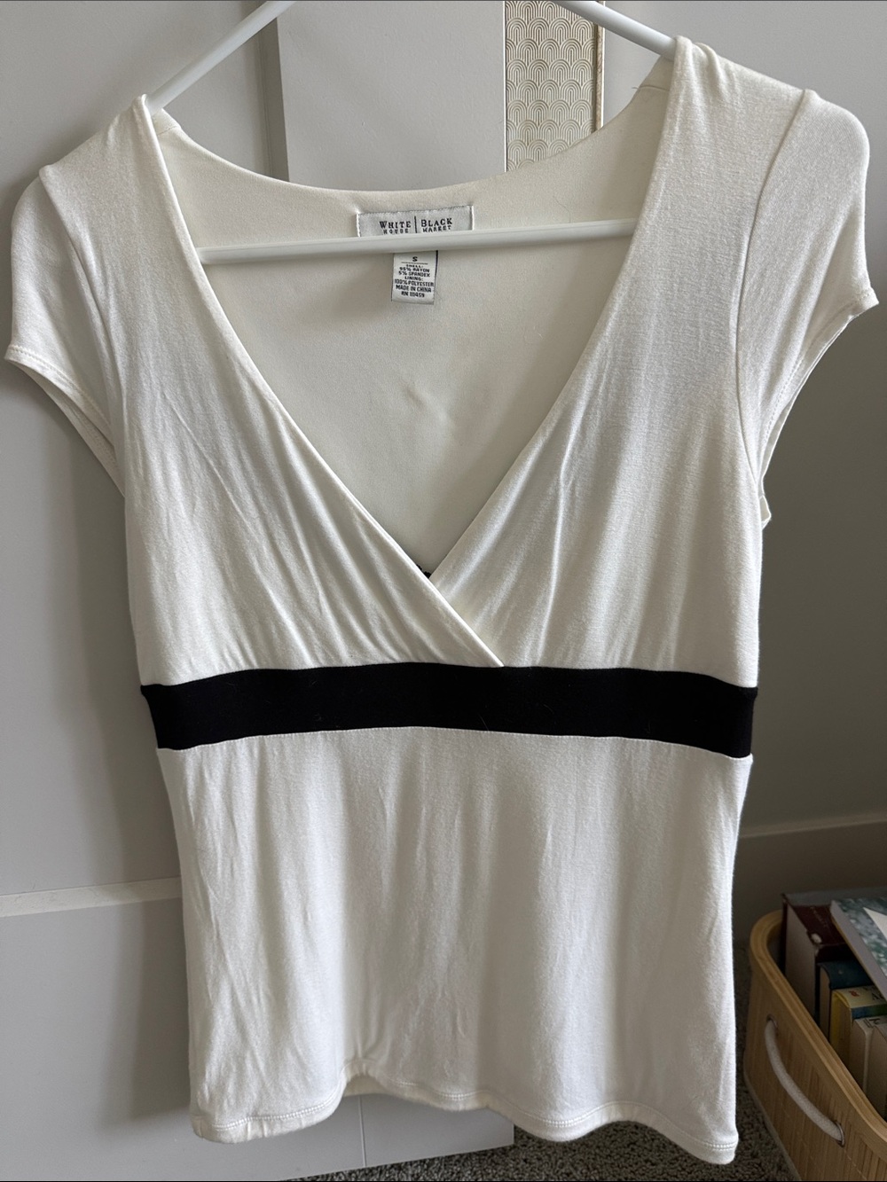 White House Black Market Ivory Wrap Top with Black Band